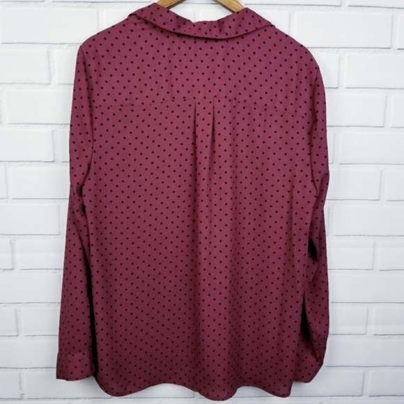 Womens Maroon Polka Dot Button Up Blouse Top Shirt Size XL Long Sleeve Pockets - Picture 2 of 8